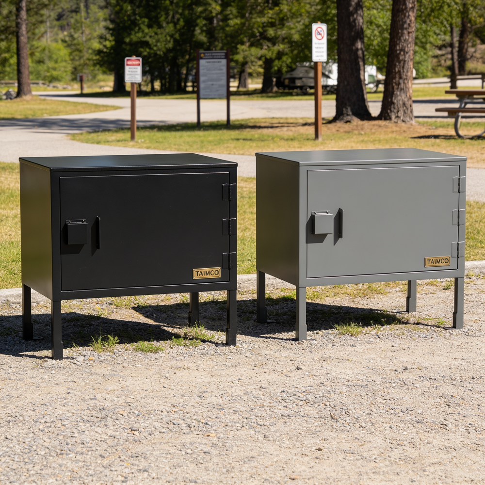 Two metal fire pits, one black and one gray, in a park setting with trees and pathways in the background.