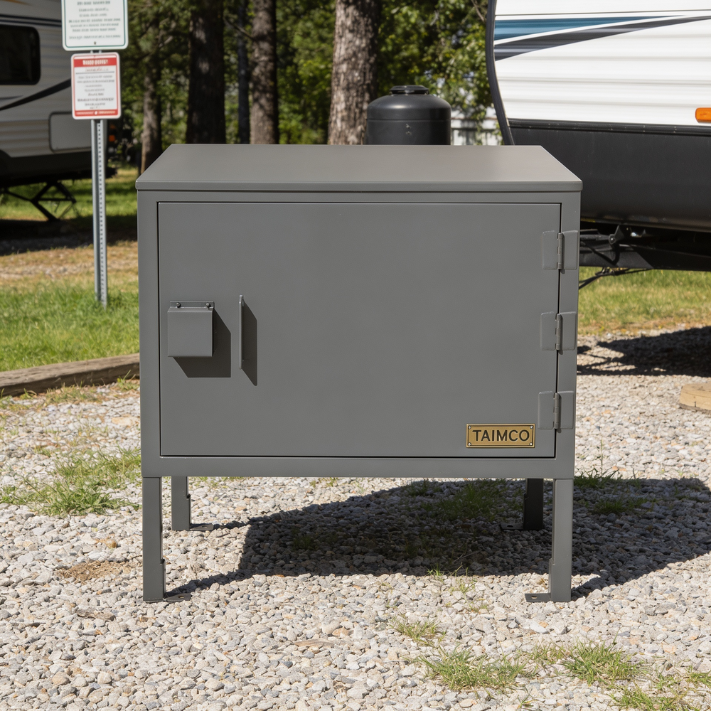 Gray metal cabinet with 'Taimco' branding on a gravel surface with trees and RVs in the background.