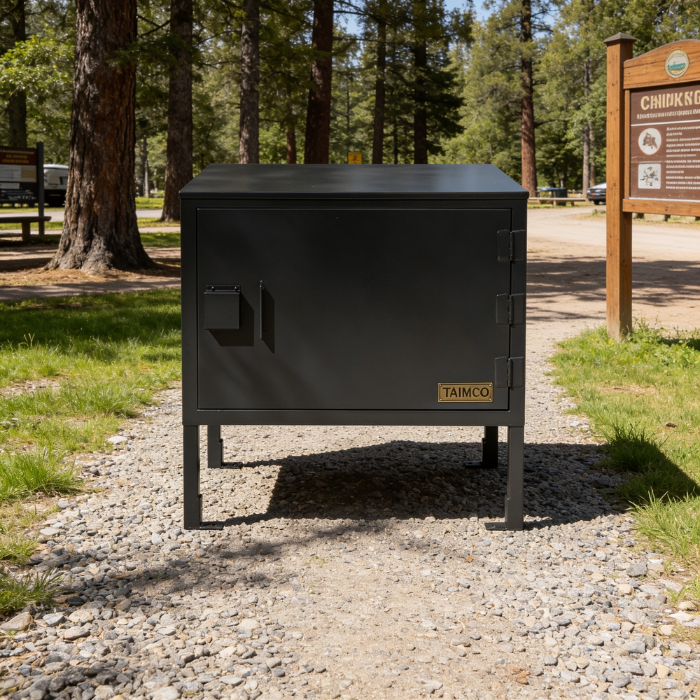 Black metal cabinet on a gravel path with trees and a wooden sign in the background