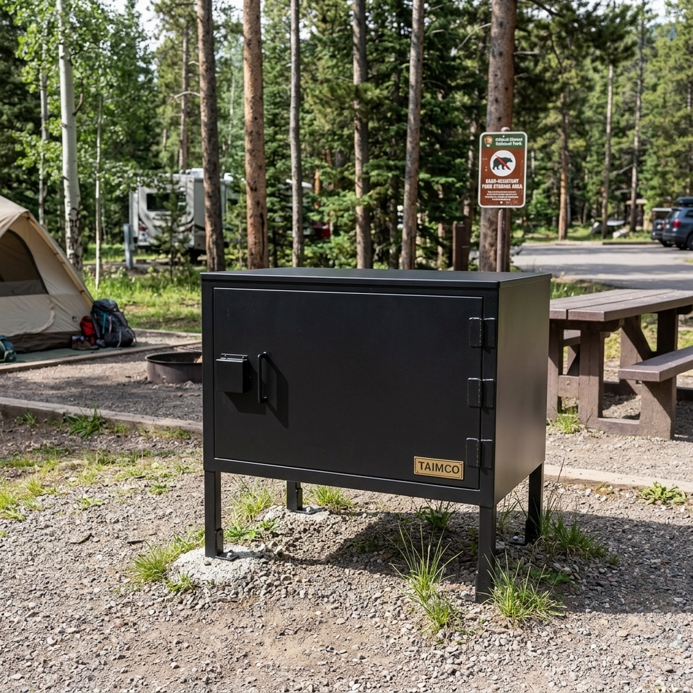 Black metal camp oven with 'Taimco' branding in a camping setting with trees and picnic table.