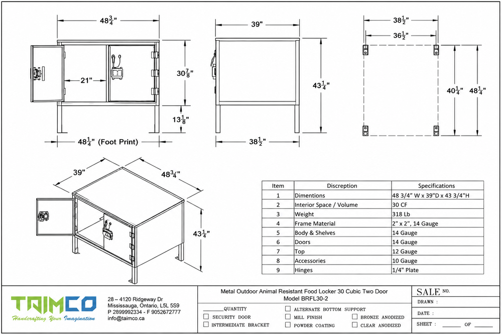 Technical drawing of a metal outdoor animal enclosure with dimensions and specifications.