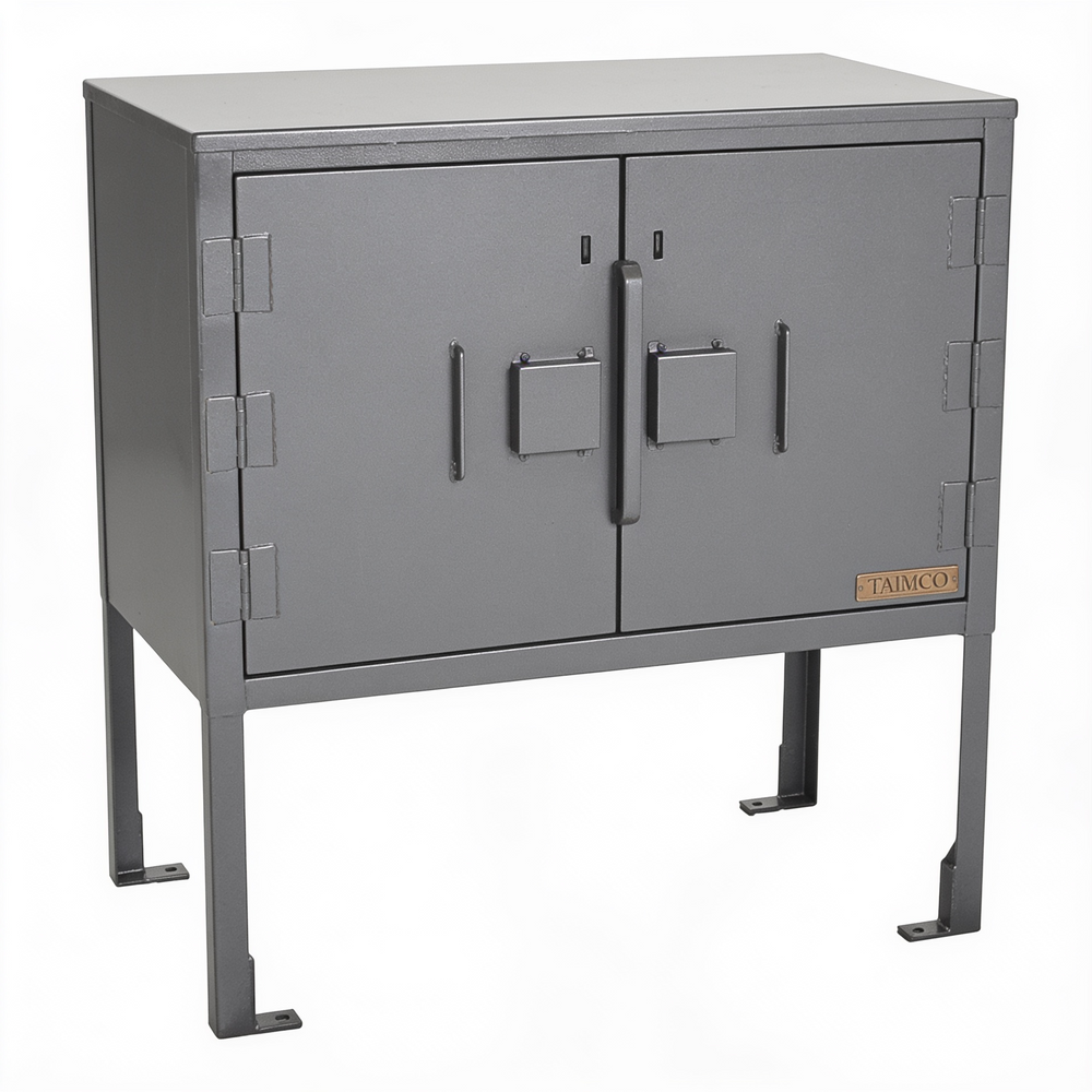 Gray metal cabinet with two doors on a white background