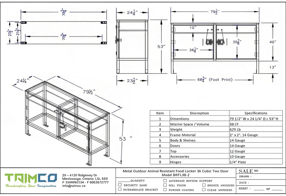 Technical drawing of a metal outdoor animal food locker with dimensions and specifications.
