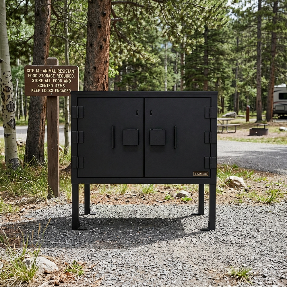 Black metal cabinet in a forested area with trees and a sign in the background.
