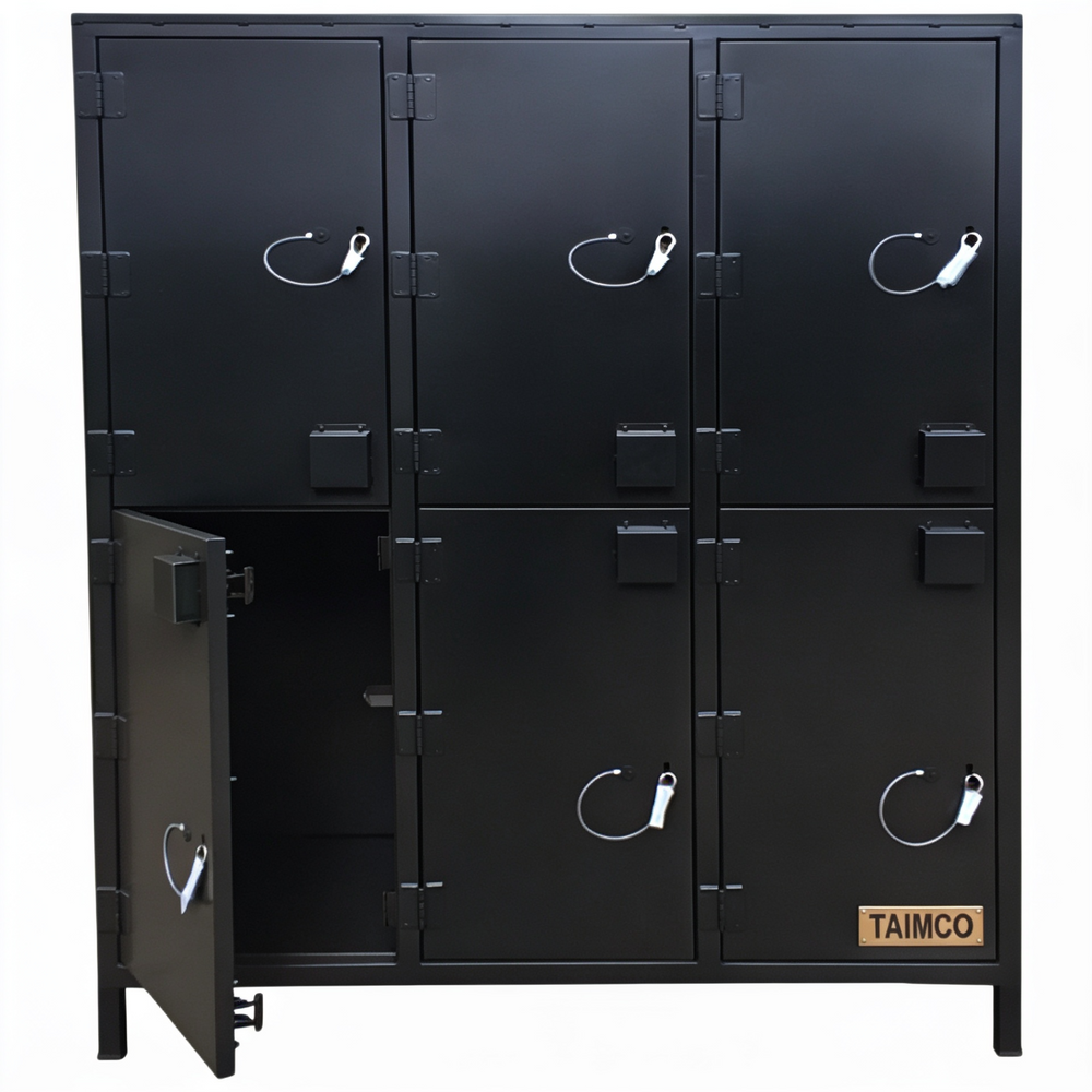 Black locker with multiple doors and visible brand name on a white background
