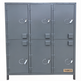 Gray metal locker with multiple doors and visible brand name on a white background