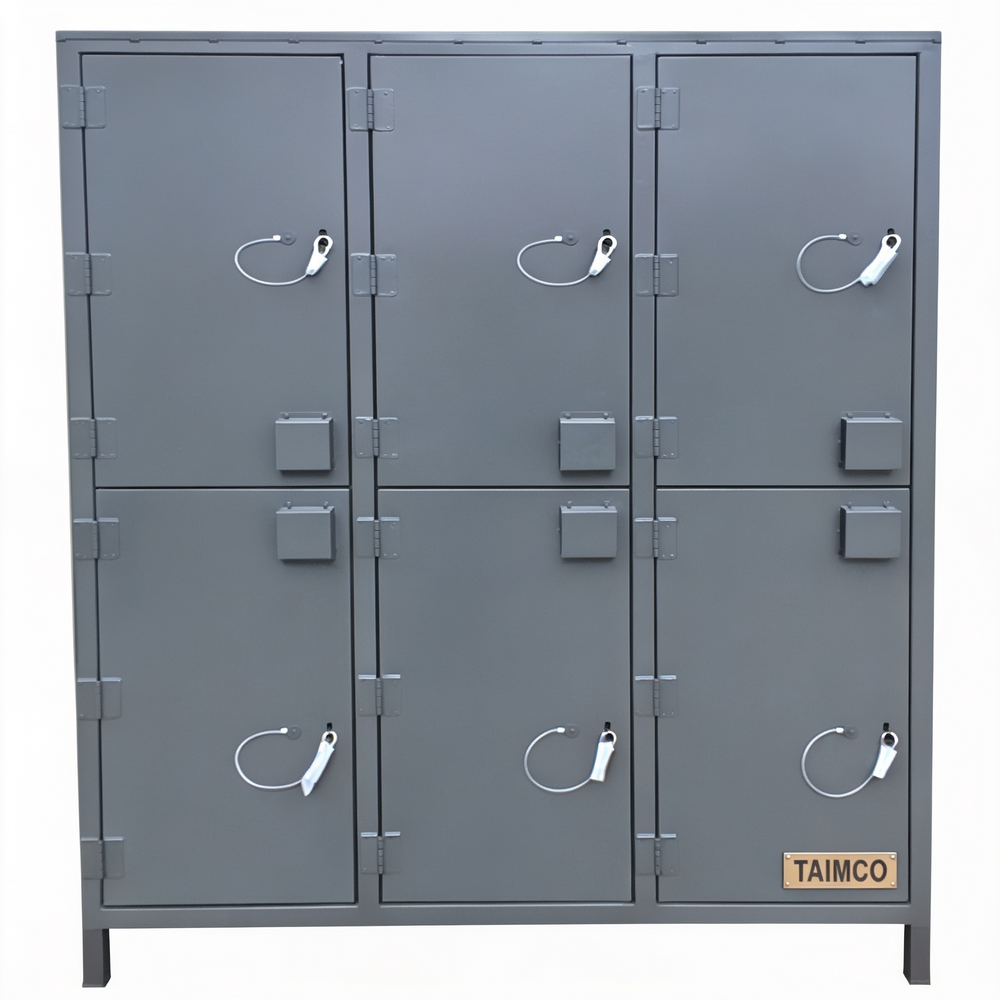 Gray metal locker with multiple doors and visible brand name on a white background
