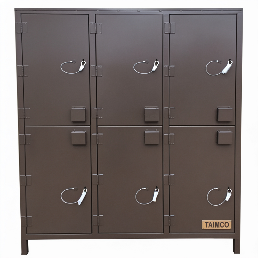 Brown metal locker with multiple doors and visible brand name on a white background