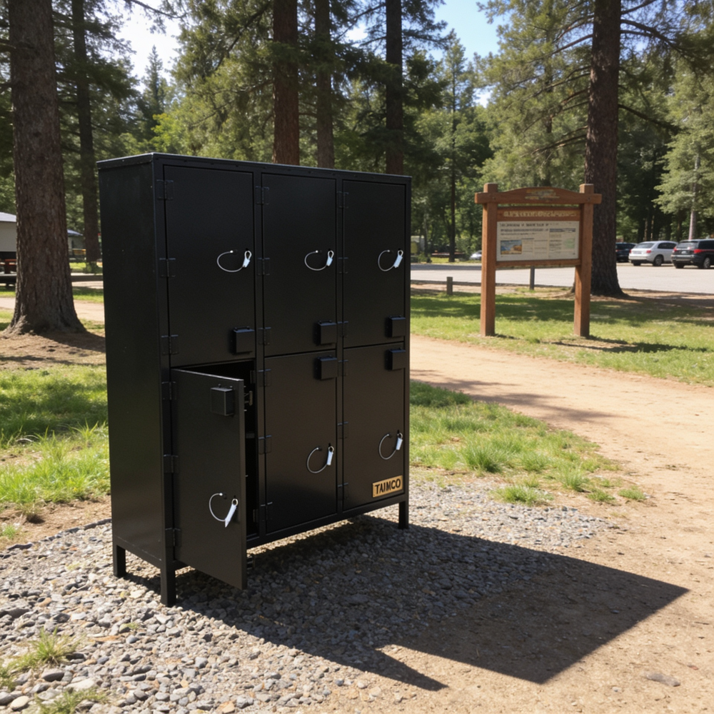 Black metal locker with open door in a park setting
