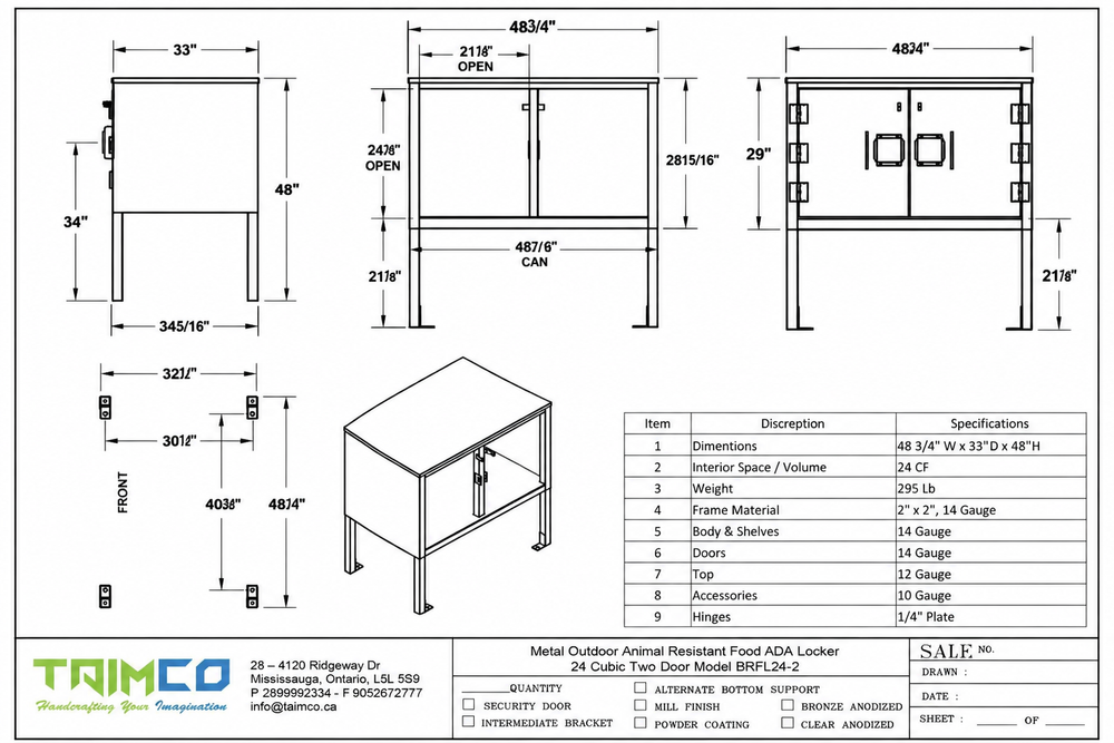 Technical drawing of a metal outdoor animal feeding station with dimensions and specifications.