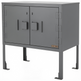 Gray metal cabinet with two doors on a white background