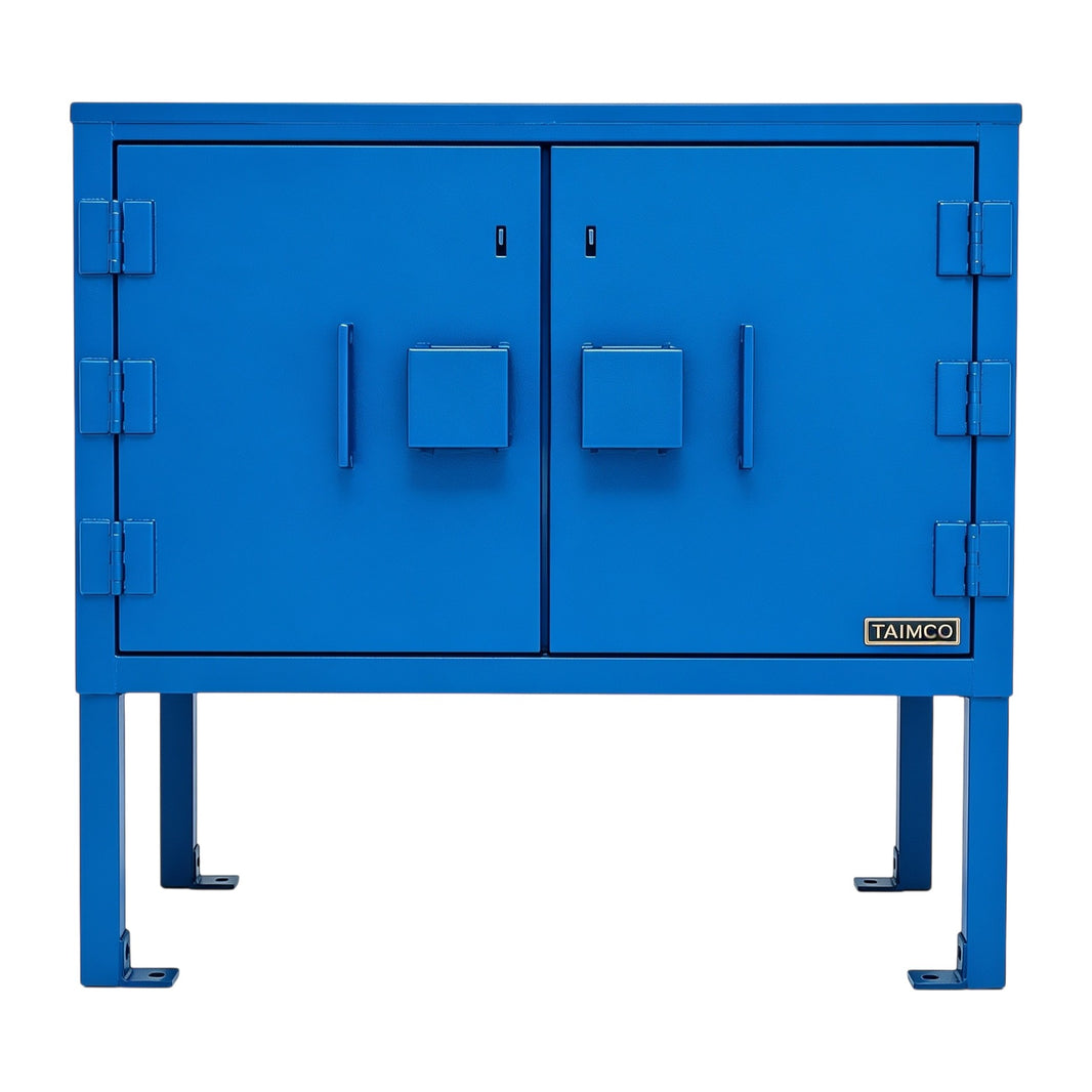 Blue metal cabinet with 'Taimco' branding on a white background