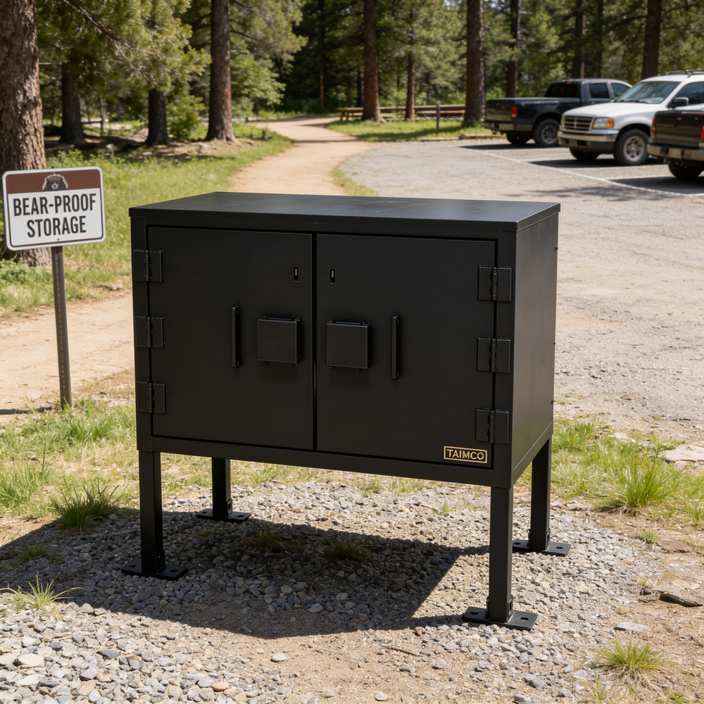 Black bear-proof storage cabinet in a forested area with vehicles and a 'Bear-Proof Storage' sign in the background.