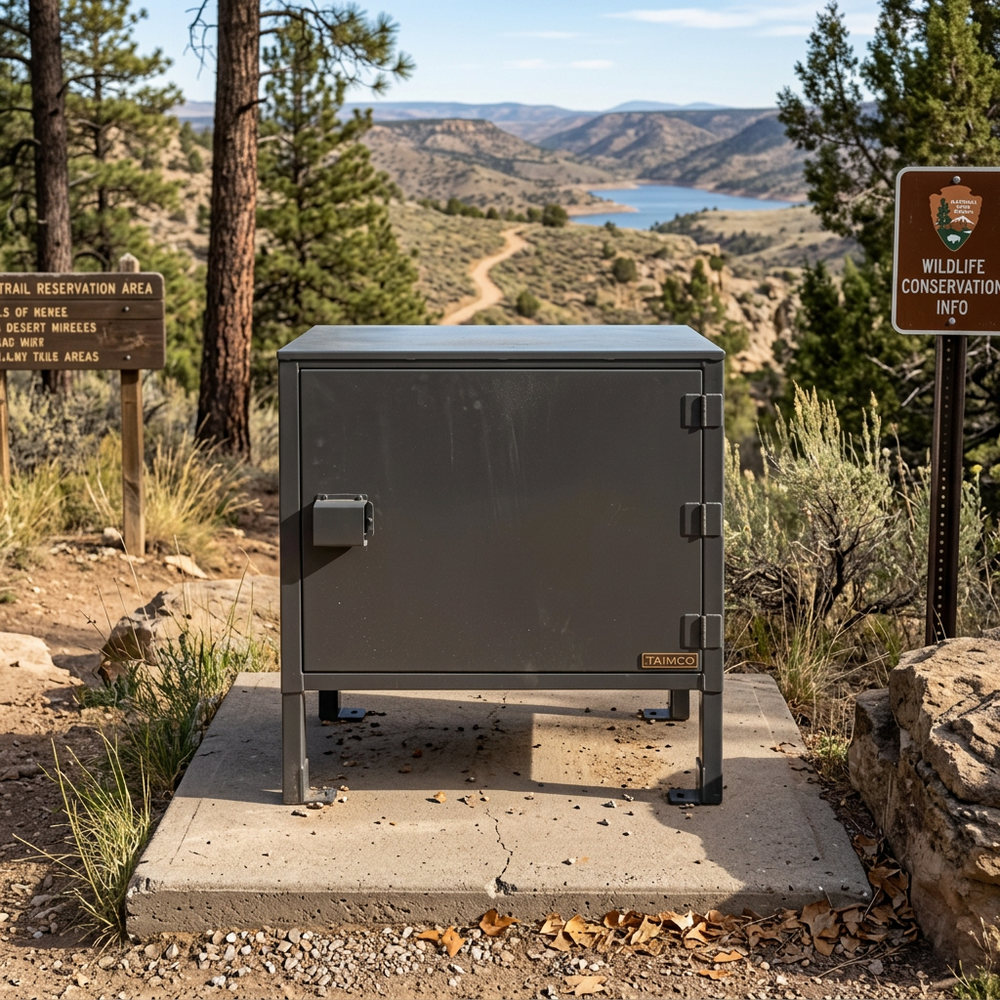 Metal box on a concrete platform with scenic background of trees and lake