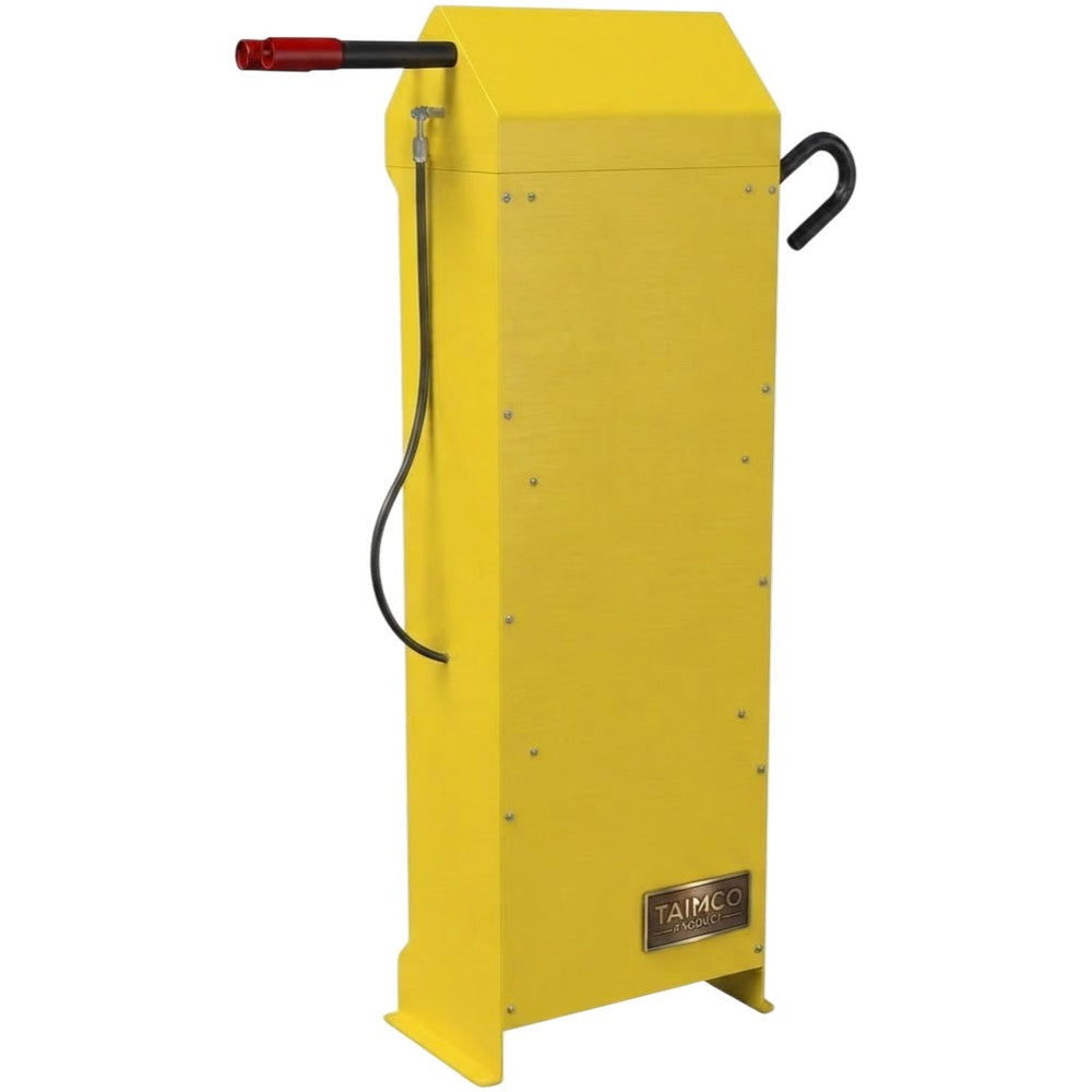 A bright yellow TAIMCO industrial machine or equipment cabinet with a black handle, black hose, and red nozzle tip, shown on a plain white background.