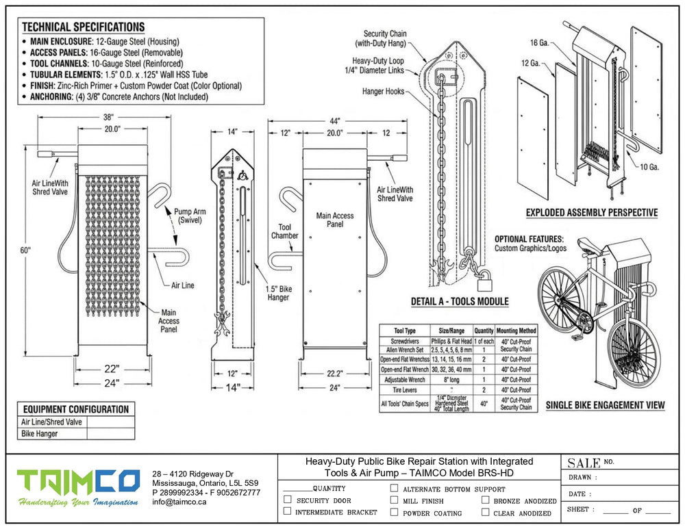 Technical specification sheet and assembly diagram for the Taimco Model BRS-HD Heavy Duty Public Bike Repair Station, showing detailed measurements, exploded views, and equipment configuration.