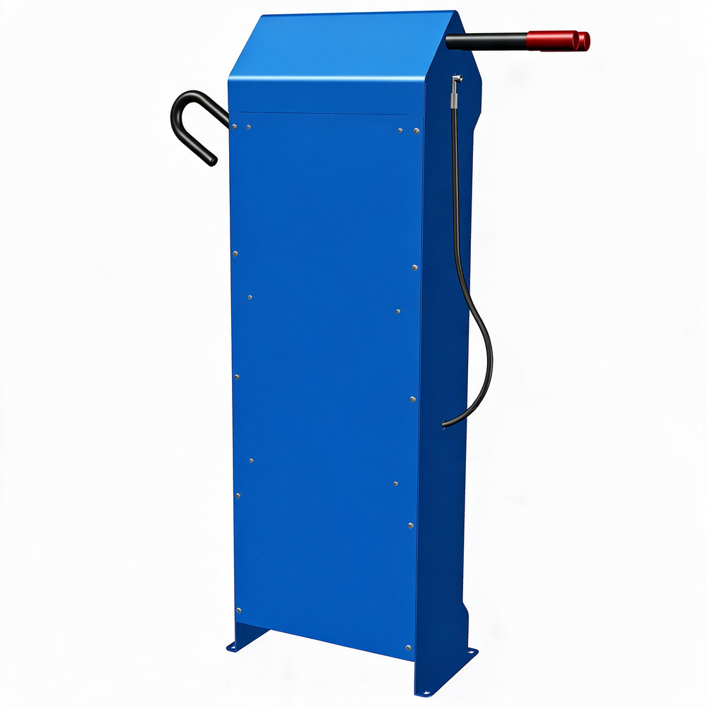 A blue metal hydraulic jack with a black handle and a red end-cap, shown on a plain white background.