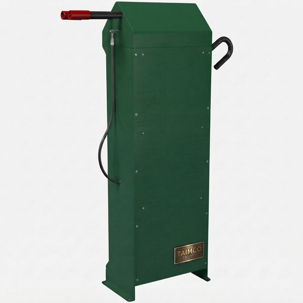 A dark green industrial machine or pump unit with a vertical rectangular body, a red-handled pipe at the top, a black curved handle on the side, and a small gold-toned TAIMC logo plate near the bottom.