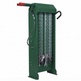 A green metal chain hoist with a red handle, black hook, and hanging chains, shown on a plain white background.