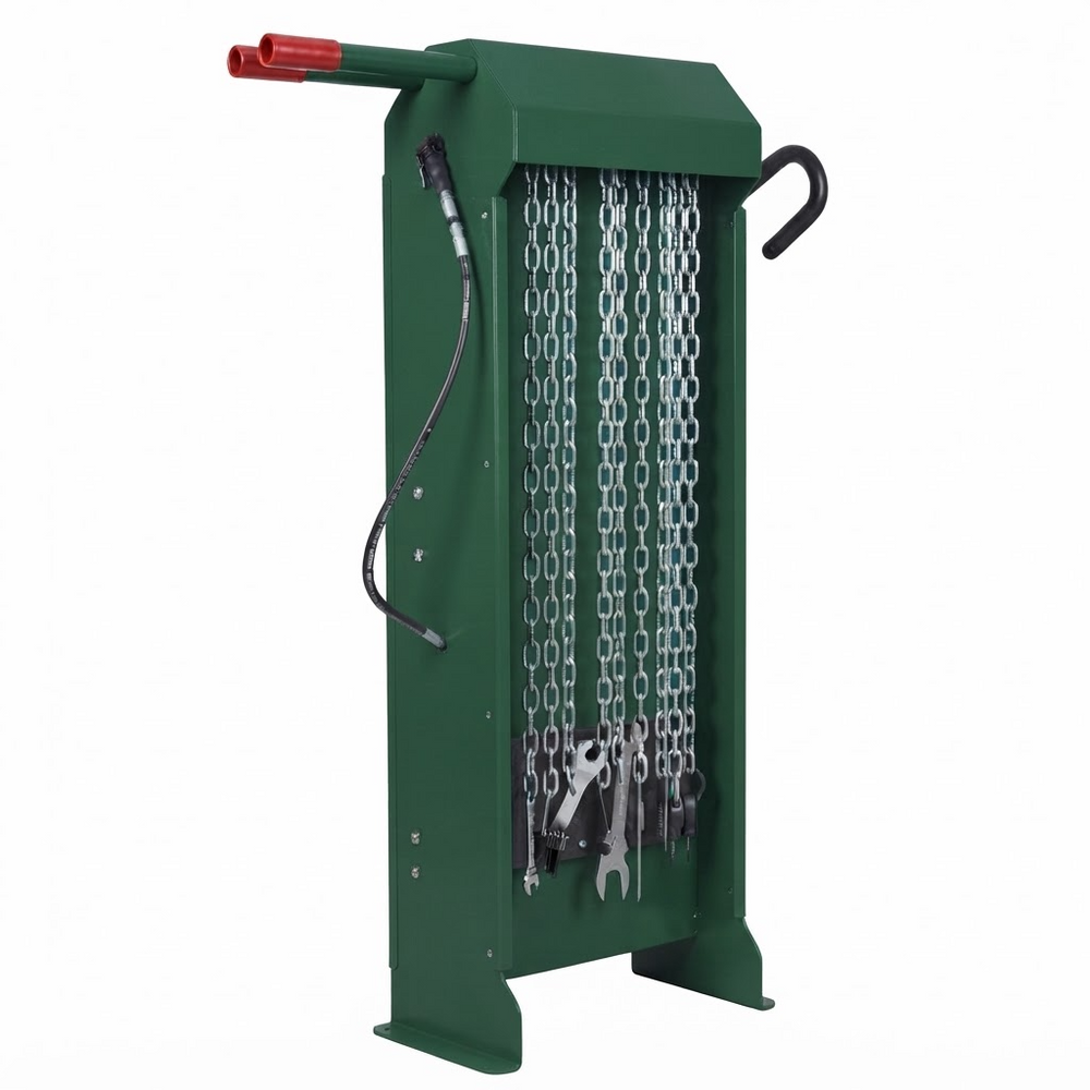 A green metal chain hoist with a red handle, black hook, and hanging chains, shown on a plain white background.