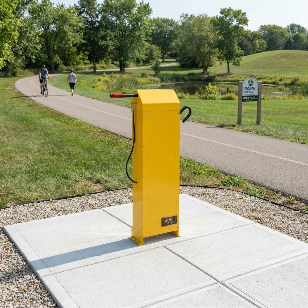A bright yellow park ticketing machine mounted on a square concrete pad beside a paved path in a park, with trees, grass, and a small pond in the background. A small sign on the right reads Park Ticket.