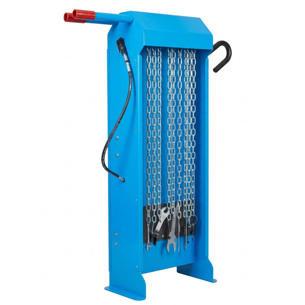 A blue industrial chain hoist or lifting frame with hanging metal chains, a red-handled tool at the top, a black hanging cord, and wrenches hanging near the base, shown on a plain white background.