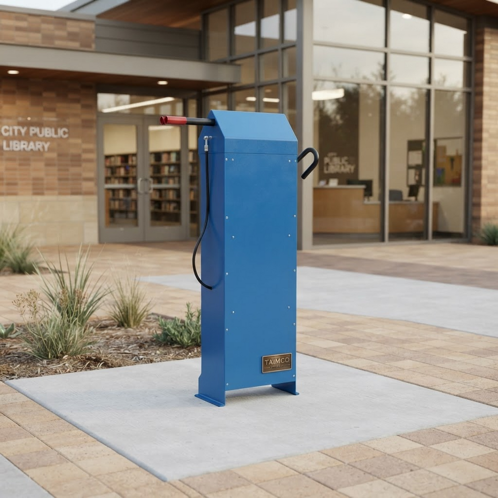 A blue public parking payment kiosk machine stands on a concrete pad outside the City Public Library, with brick building walls, glass windows, and landscaped planters in the background.