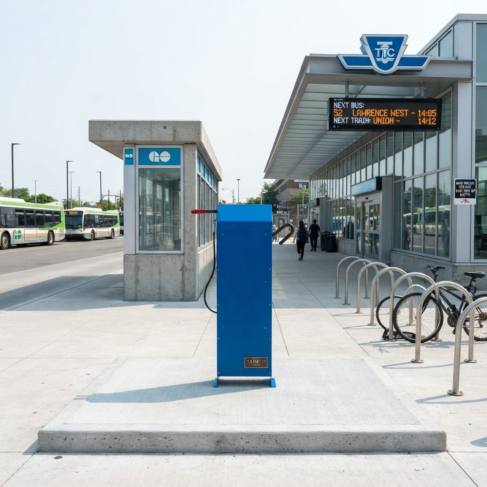 A blue public transit payment kiosk or fuel-style machine stands on a concrete platform outside a modern bus station. The station building has a glass facade, a digital departure board, bike racks with bicycles, and another shelter structure in the background.