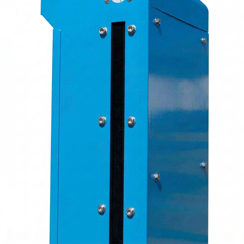 A close-up of a bright blue metal equipment enclosure or cabinet with a vertical black slot and multiple silver screws, shown against a plain white background.
