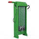 A green metal chain hoist or lifting device with hanging silver chains, a red handle at the top, a black hook on the right side, and several hanging black and silver tools, shown on a plain white background.