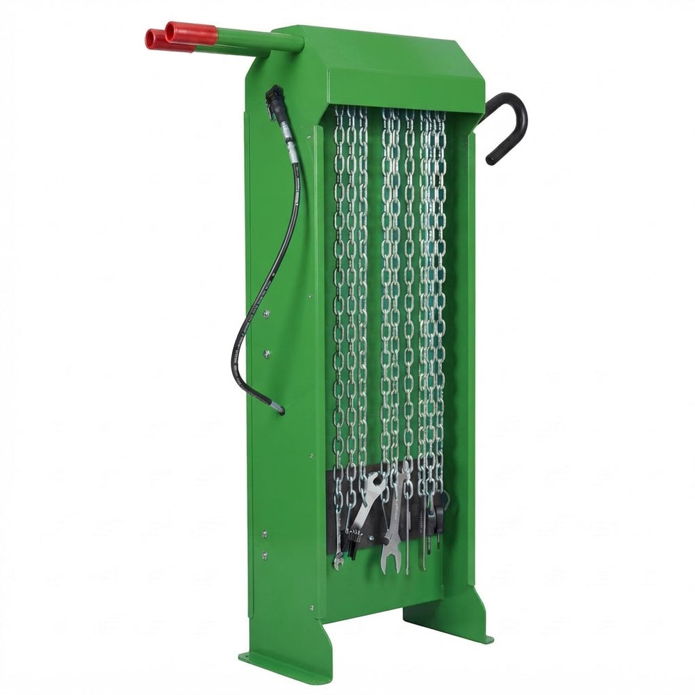 A green metal chain hoist or lifting device with hanging silver chains, a red handle at the top, a black hook on the right side, and several hanging black and silver tools, shown on a plain white background.