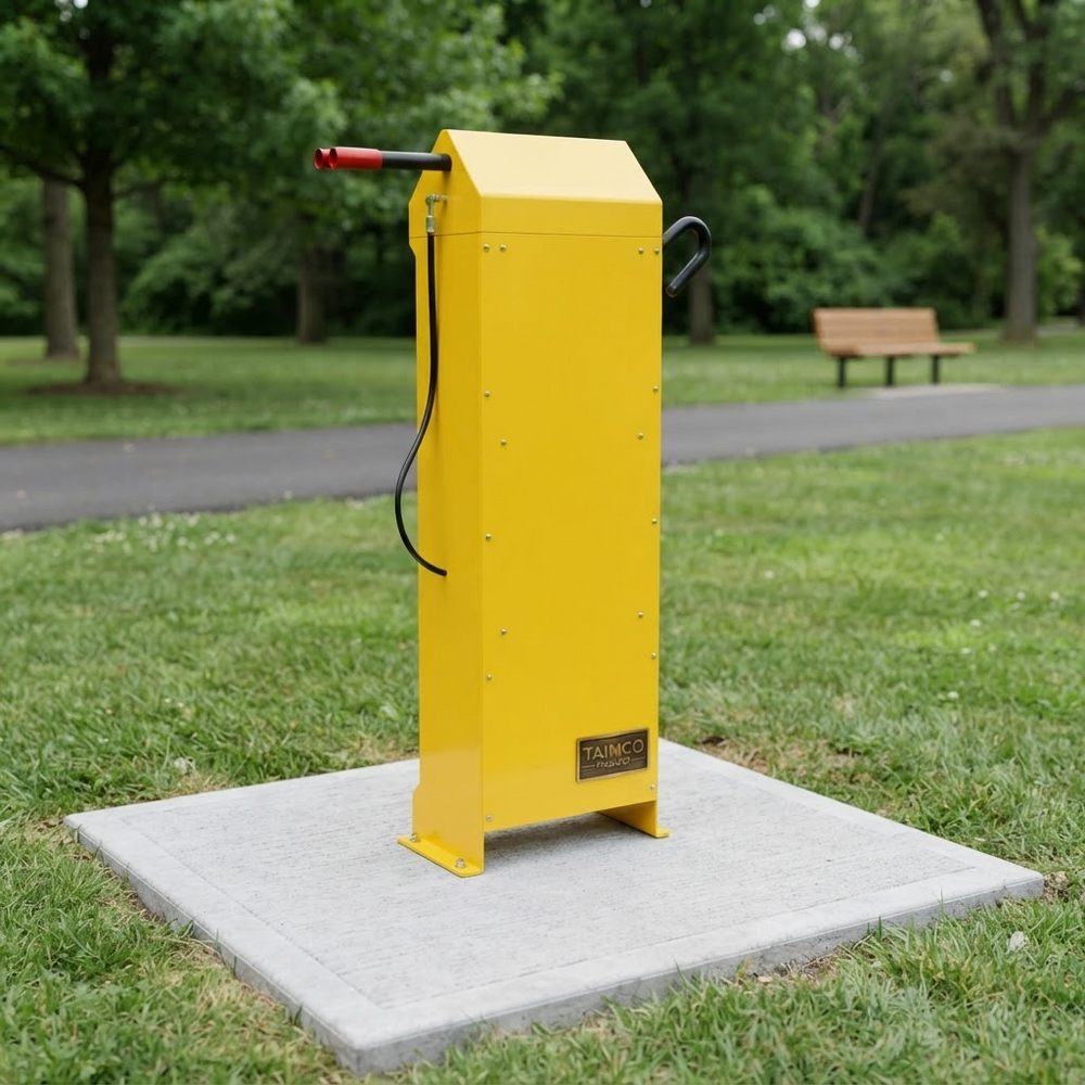 A bright yellow outdoor fitness machine mounted on a square concrete pad in a grassy park, with trees and a bench blurred in the background.