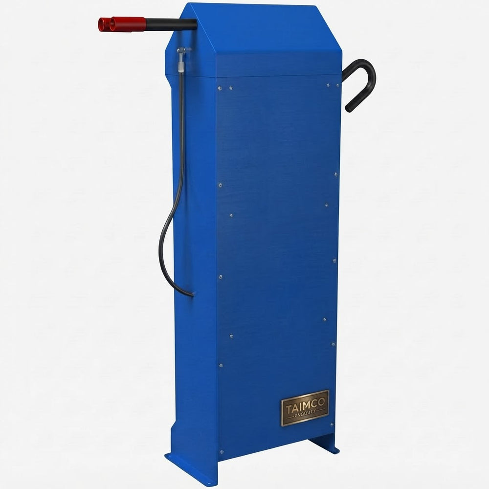 A blue metal industrial machine or pump unit with a vertical rectangular body, a red and black nozzle at the top, a black curved handle on the right side, and a small gold-toned TAIMCO brand plate near the bottom.