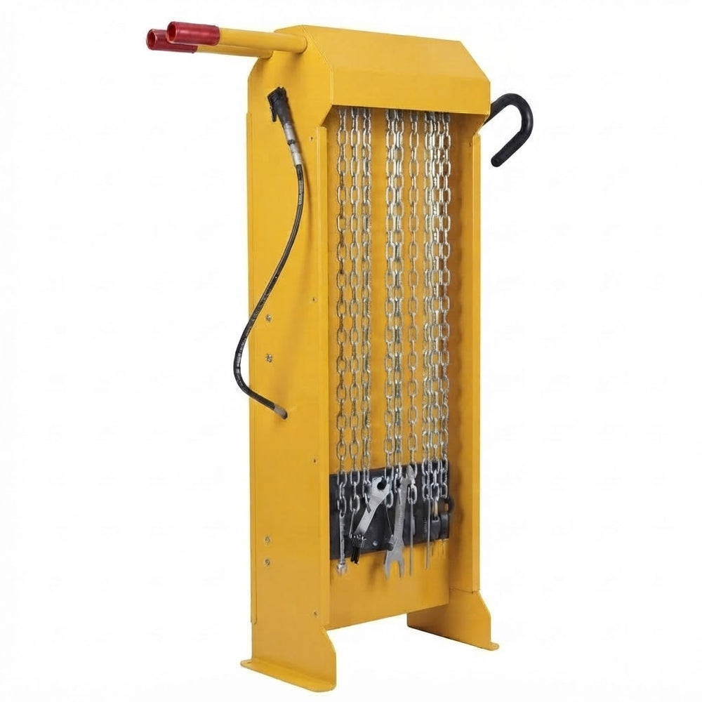 A yellow industrial chain hoist or lifting frame with silver metal chains, a red handle, black hanging cords, and a black hook on a plain white background.