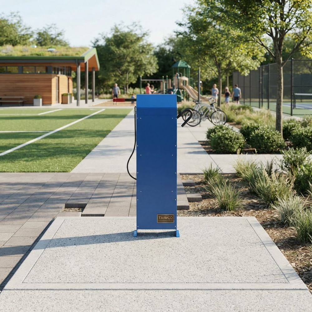A tall blue electric vehicle charging station with a black cable, standing on a paved path in a modern park setting with trees, a playground, and a sports field in the background.