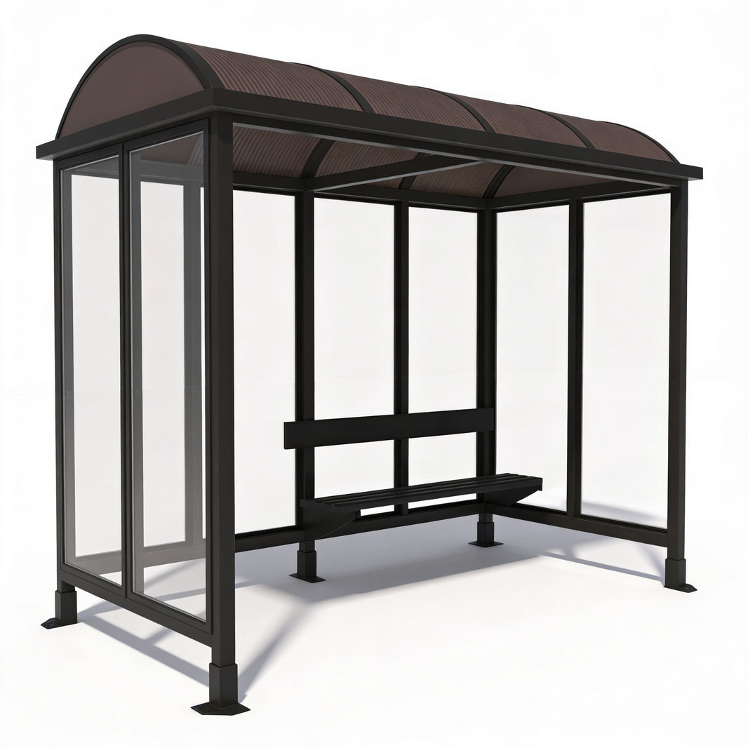 Bus shelter with a brown roof and transparent sides on a white background