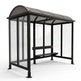 Black metal bus shelter with transparent panels on a white background