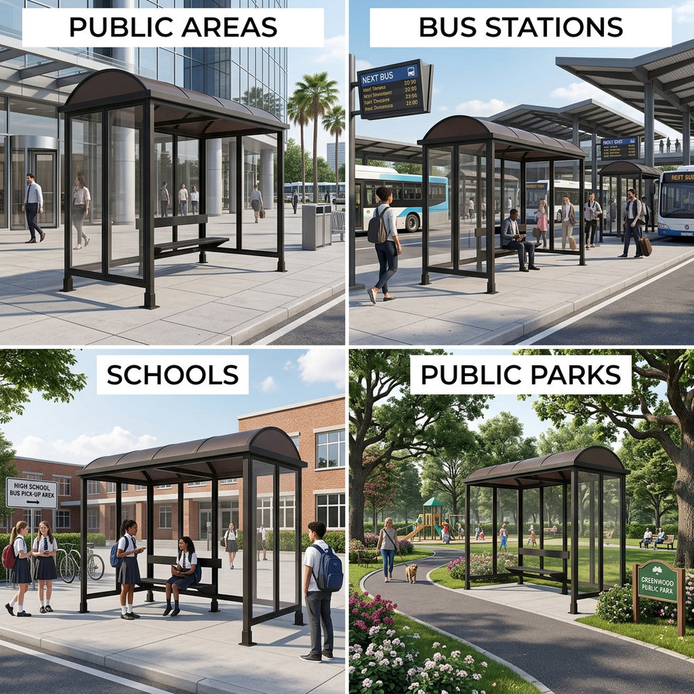 Collage of bus shelters in public areas, bus stations, schools, and public parks.
