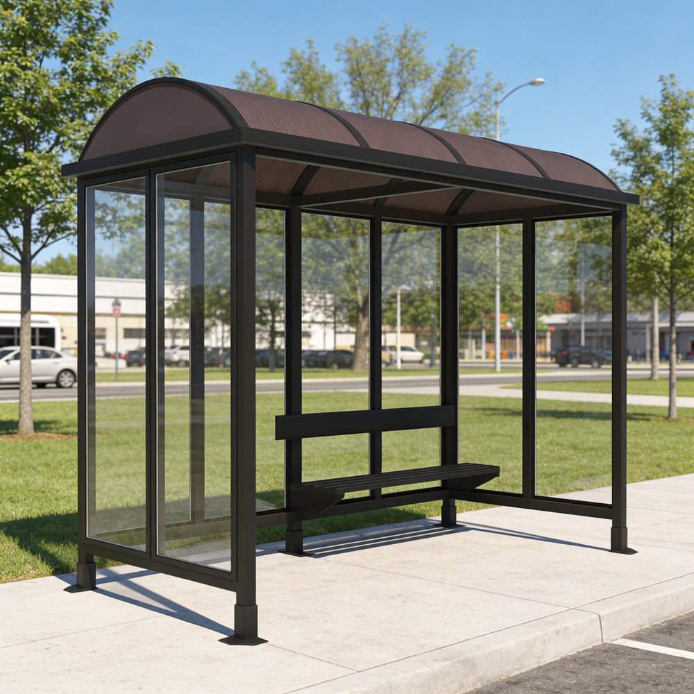 Bus shelter with a brown roof on a sidewalk with trees and cars in the background