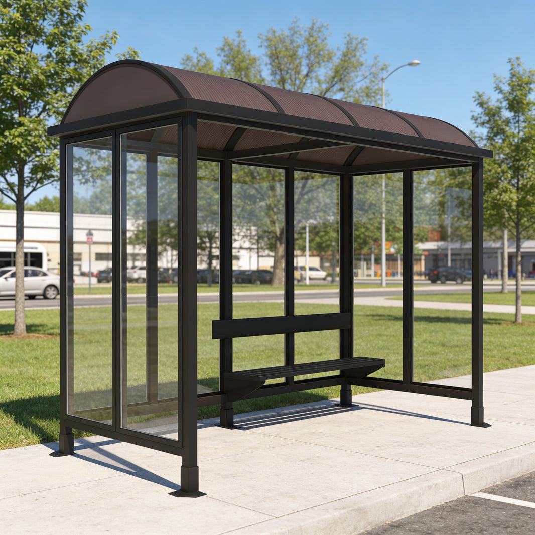 Bus shelter with a brown roof on a sidewalk with trees and cars in the background