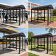 Four different views of a bus shelter with people around it.