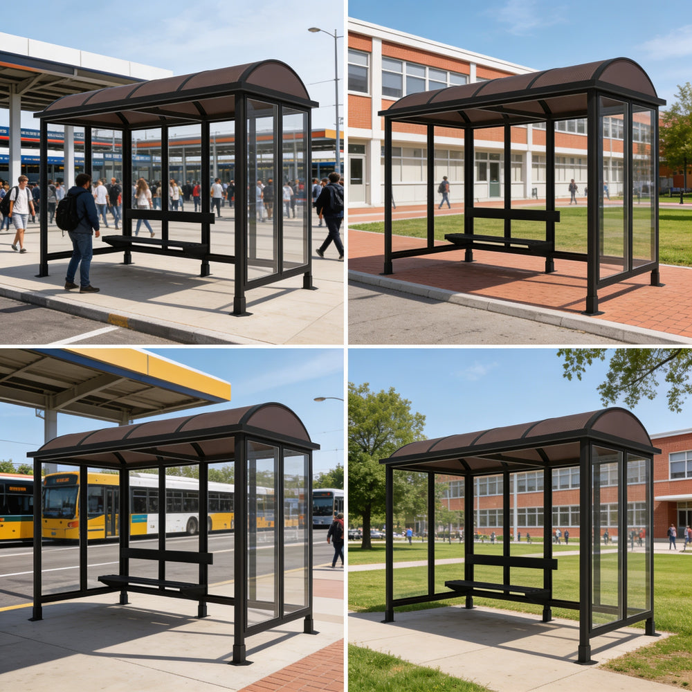Four different views of a bus shelter with people around it.