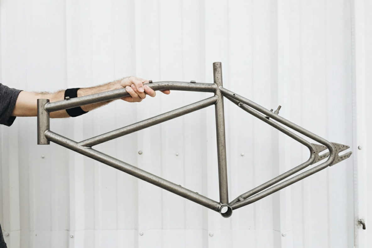 Grey unfinished bike frame holded with one hand.