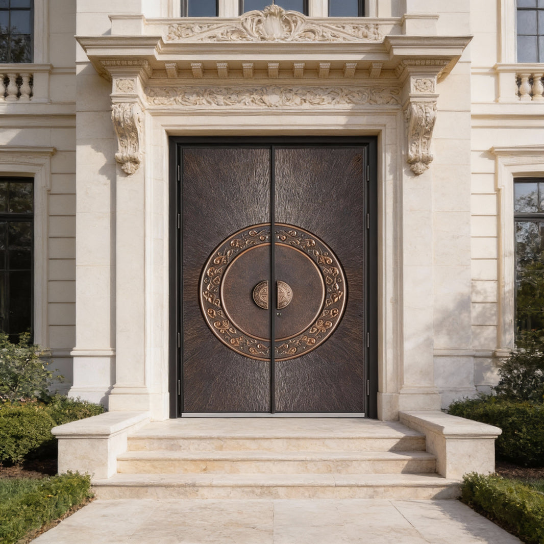 Mandacirque Passage – Handcrafted Steel Double Door with Bronze Mandala & Scrollwork Symmetry Model # C3DC1084