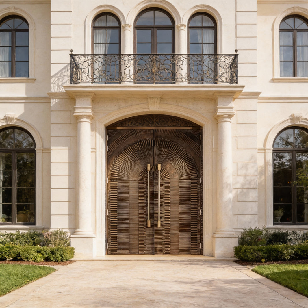 Handcrafted Steel Double Entry Door with Radiating Arch Grooves – Modern G6