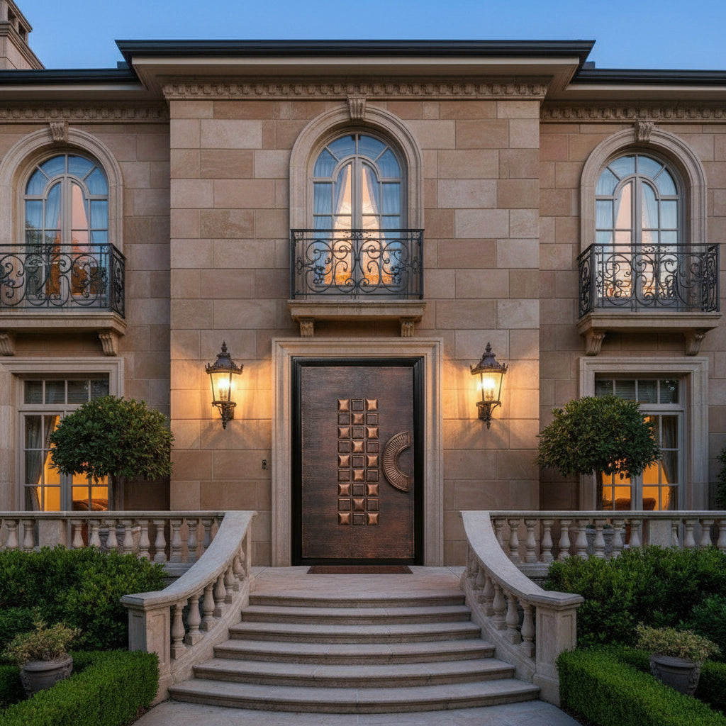 Handcrafted Steel Entry Door with Pyramid Grid and Sunburst Accent – Modern Artistic Panel Model # C3DC1087