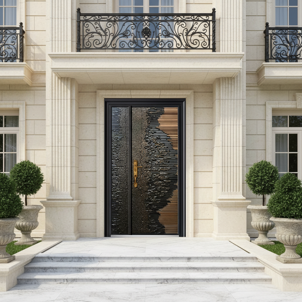 Handcrafted Steel Entry Door with Gradient Texture – Industrial Bronze Composition with Central Gold Handle Model # C3DC1088