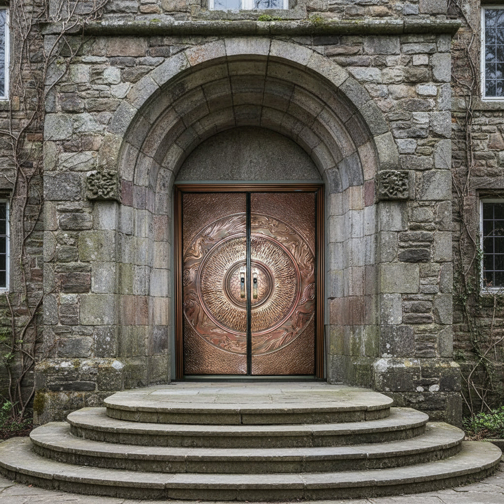 Handcrafted Steel Double Entry Door with Concentric Bronze Medallion – Sculptural Sunburst Design Model # C3DC1090