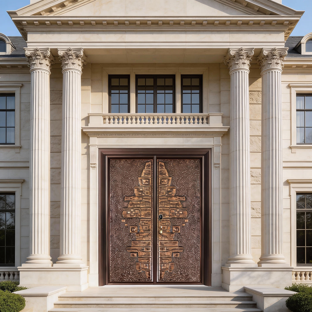 Handcrafted Steel Double Entry Door with Abstract Totem Motif – Symmetrical Copper Finish Model # C3DC1092