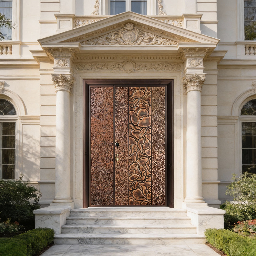 Handcrafted Steel Entry Door with Abstract Floral Panel – Three-Piece Artistic Composition Model # C3DC 1095